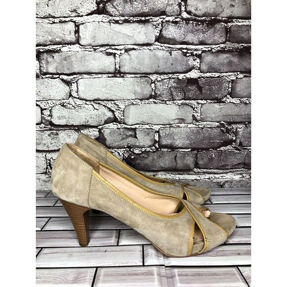 Edas Beige Suede Leather Patent Lining Peep Toe Dress Heels Women’s Sz 41EU/10US - Picture 1 of 16